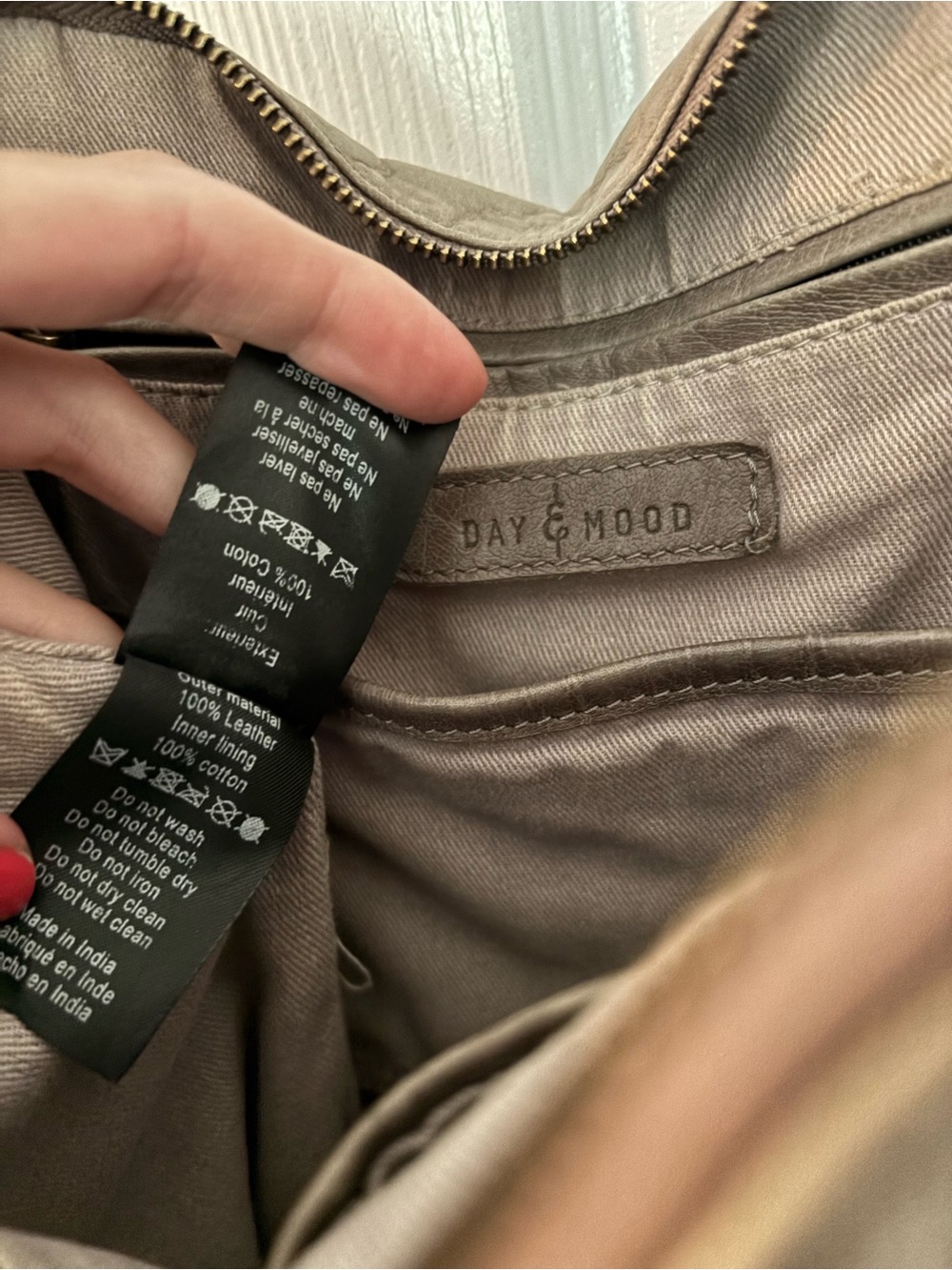 Soft Taupe Leather Shoulder Bag with Zip Details - Picture 2 of 2